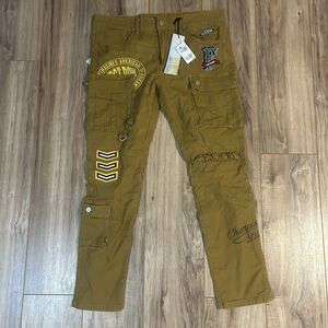 First Row Cargo Jeans Mens 36x30 Khaki Patchwork Streetwear Racing Edgy Slim Fit